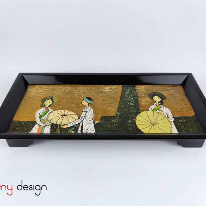 Rectangle lacquer tray hand-painted with Bac Ninh folk song girls 17*34*H4.5 cm